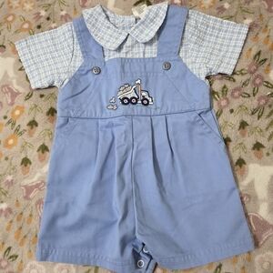 Vintage Carter's Baby Boy Light Blue Overalls with Plaid Shirt - One Piece Sz 6m